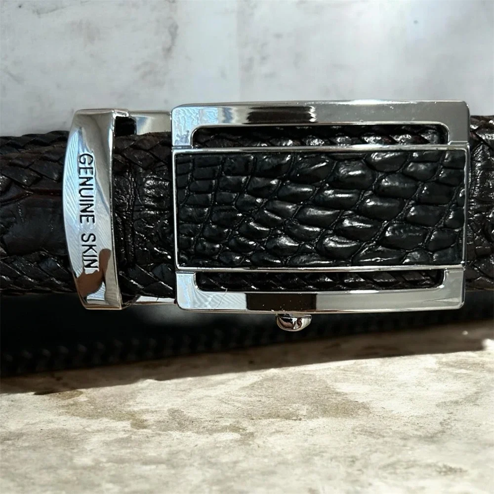PELgio Genuine Siamese Crocodile Leather Black Belt Automatic Buckle 32